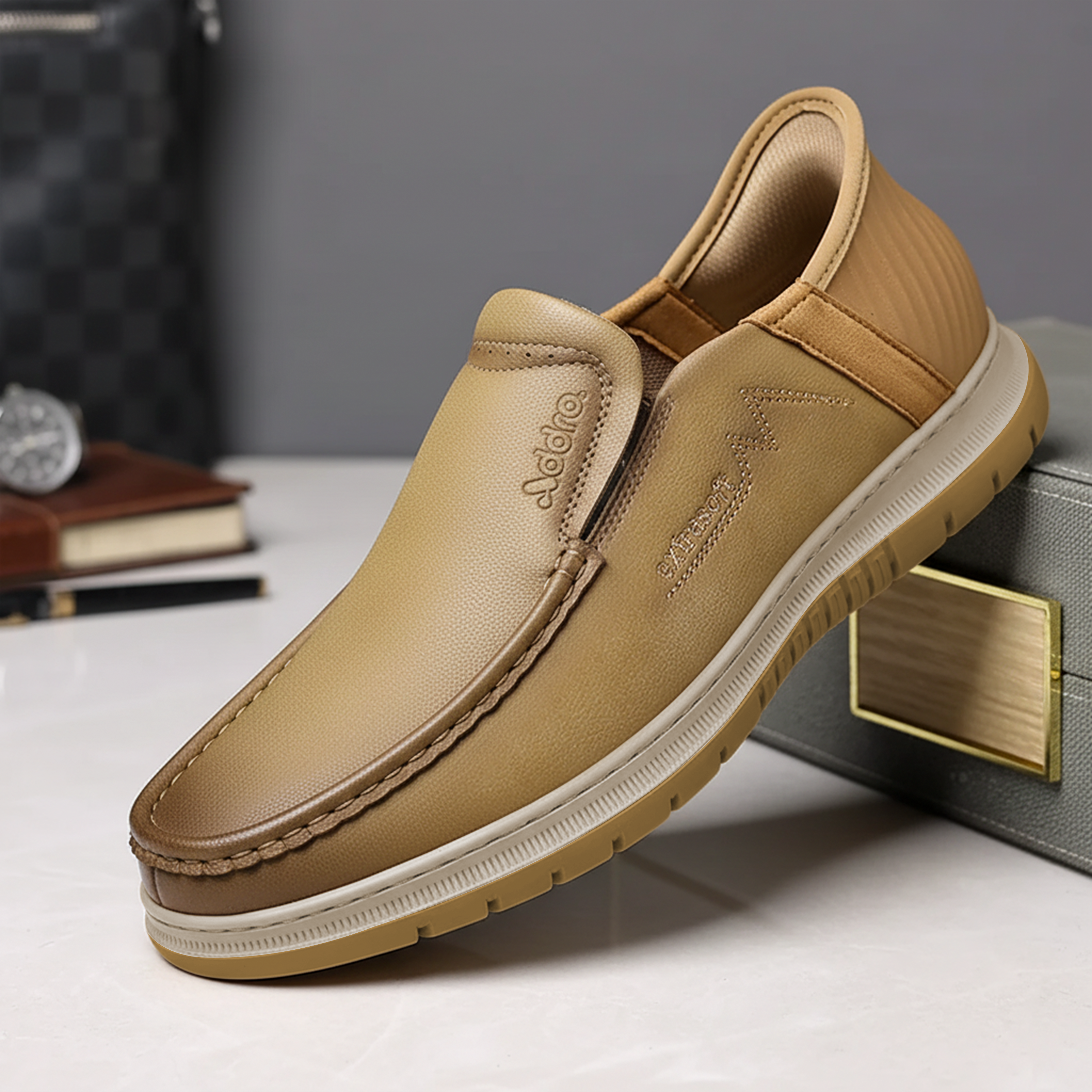 Addro Legacy Men’s Slip-In Casuals Khaki White Sole – First in Pakistan